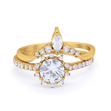 14K Yellow Gold Two Piece Art Deco Bridal Set Ring Band Round Engagement Piece Simulated CZ Size-7